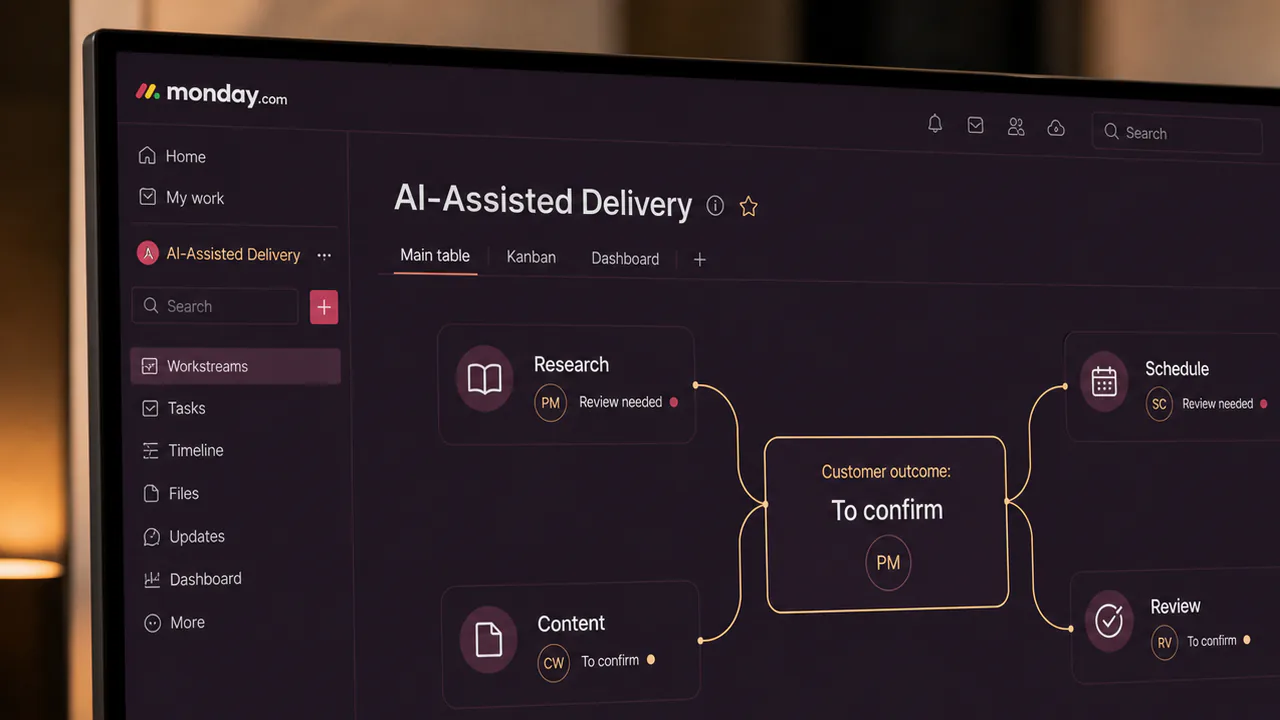 A project manager supervises parallel AI-assisted work from one clear delivery view.