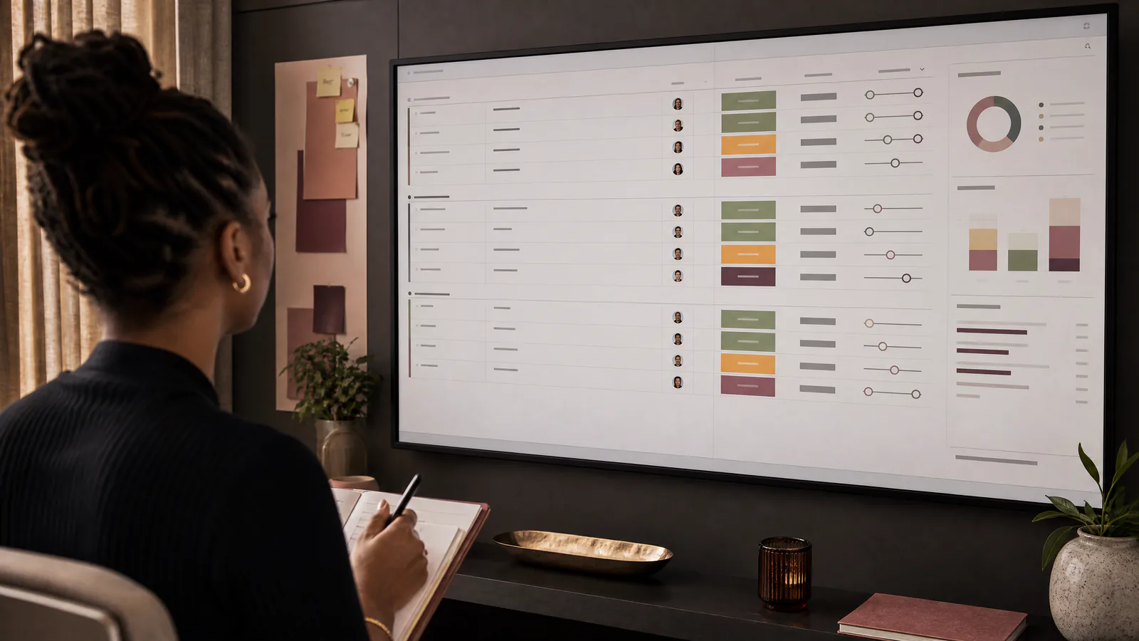 A project manager reviews an illustrative project delivery board from behind in a warm review room.