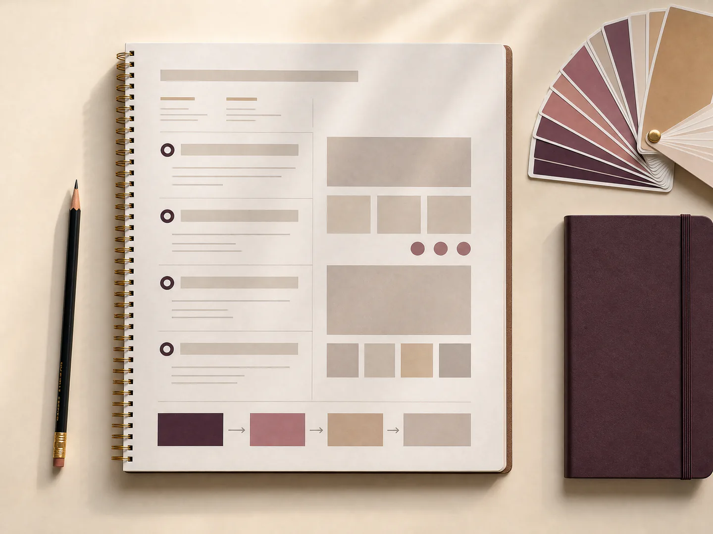 A structured creative brief, pencil, colour swatches and notebook are organised on a studio surface.