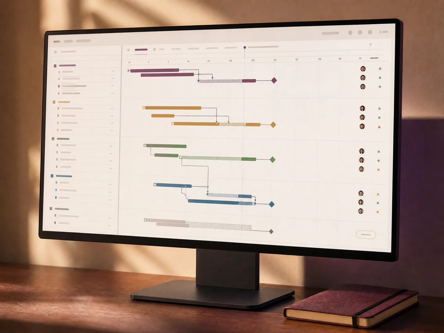 A monitor displays a structured fictional milestone timeline with dependencies and delivery stages.