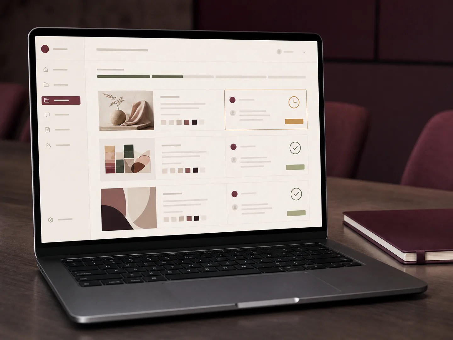 A laptop displays a structured fictional creative asset review board with approval status and version comments.