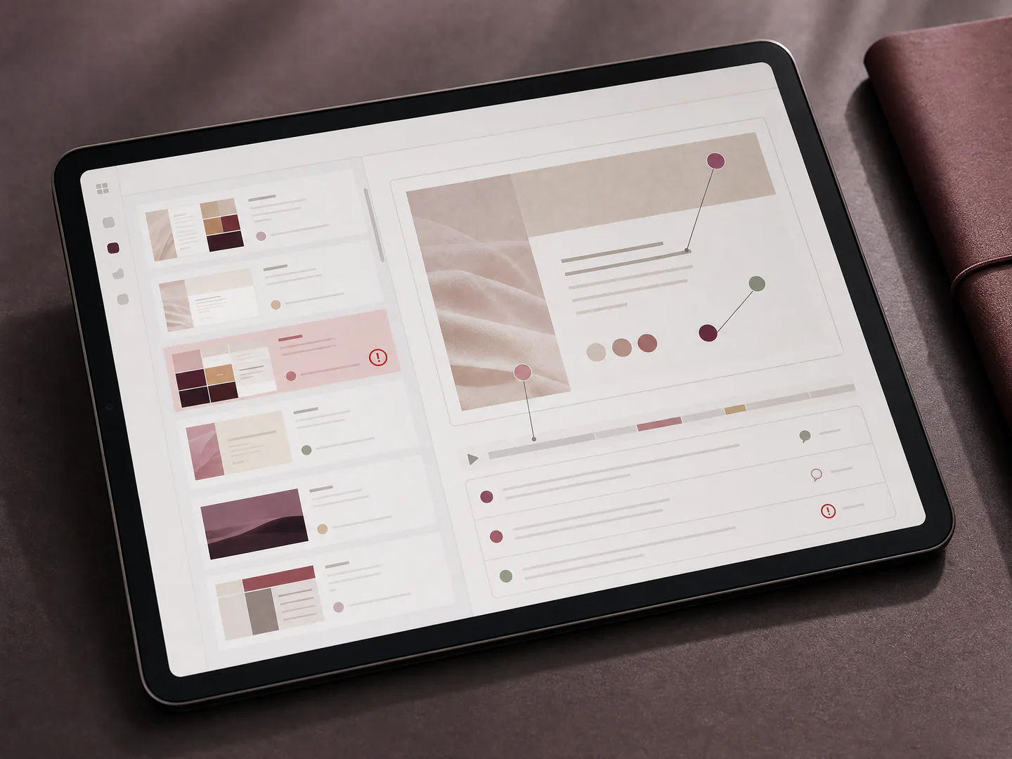 A privacy-safe creative asset review board displays version comments and a revision-needed state on a tablet.