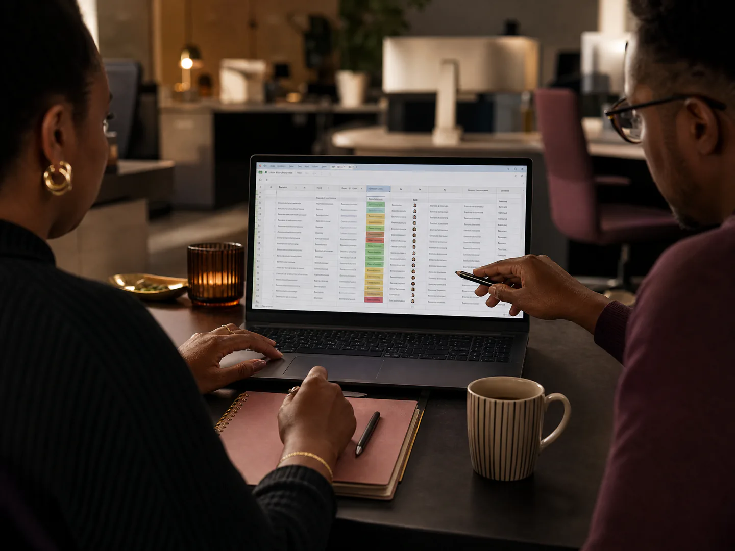 A project manager and colleague review a structured issue register and agree a blocker response.