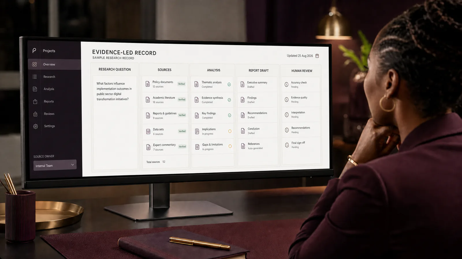 A project manager connects AI-assisted knowledge work to one traceable project record.