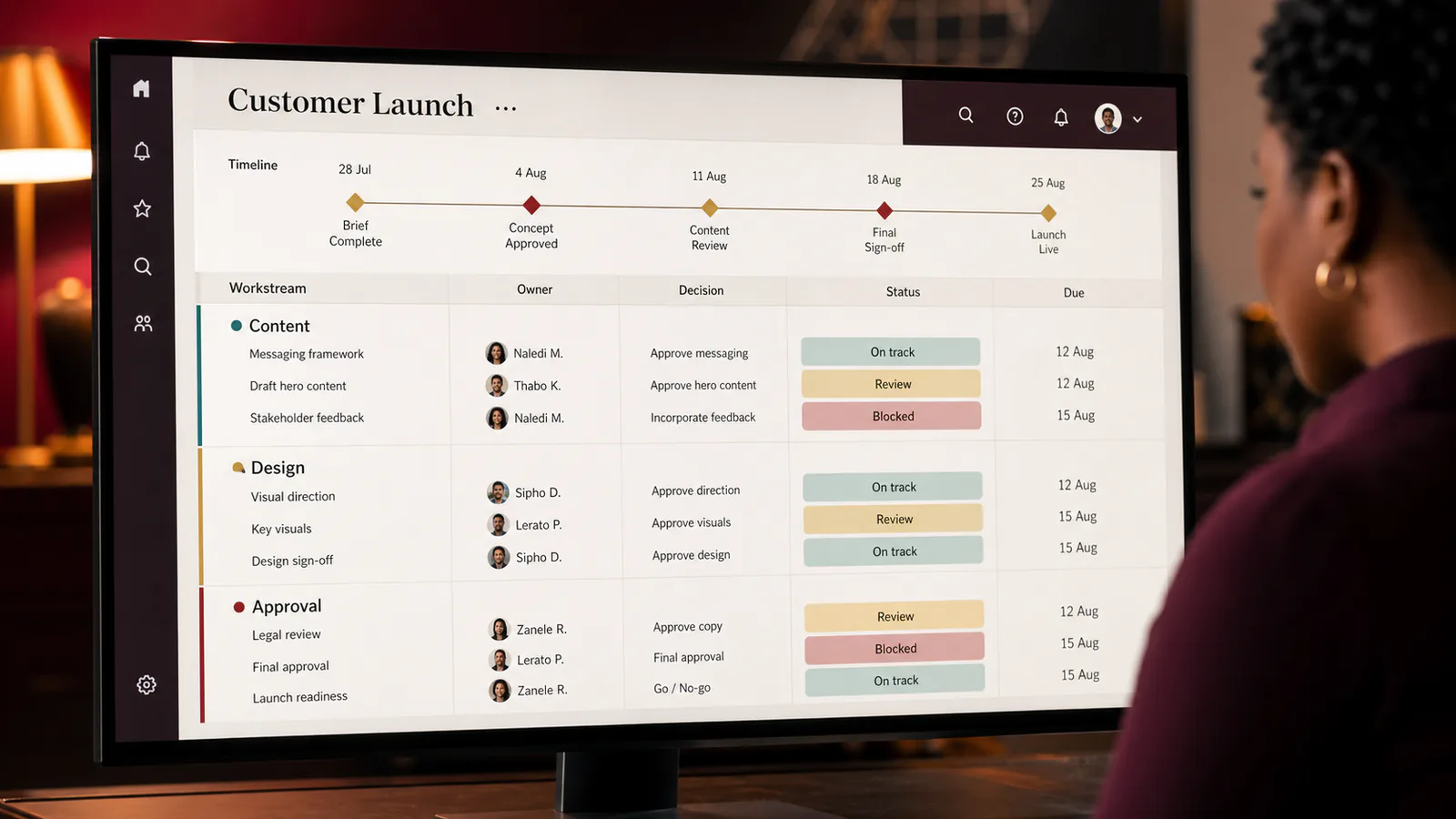 A project manager reviews a visual delivery map linking milestones, decisions and stakeholders.