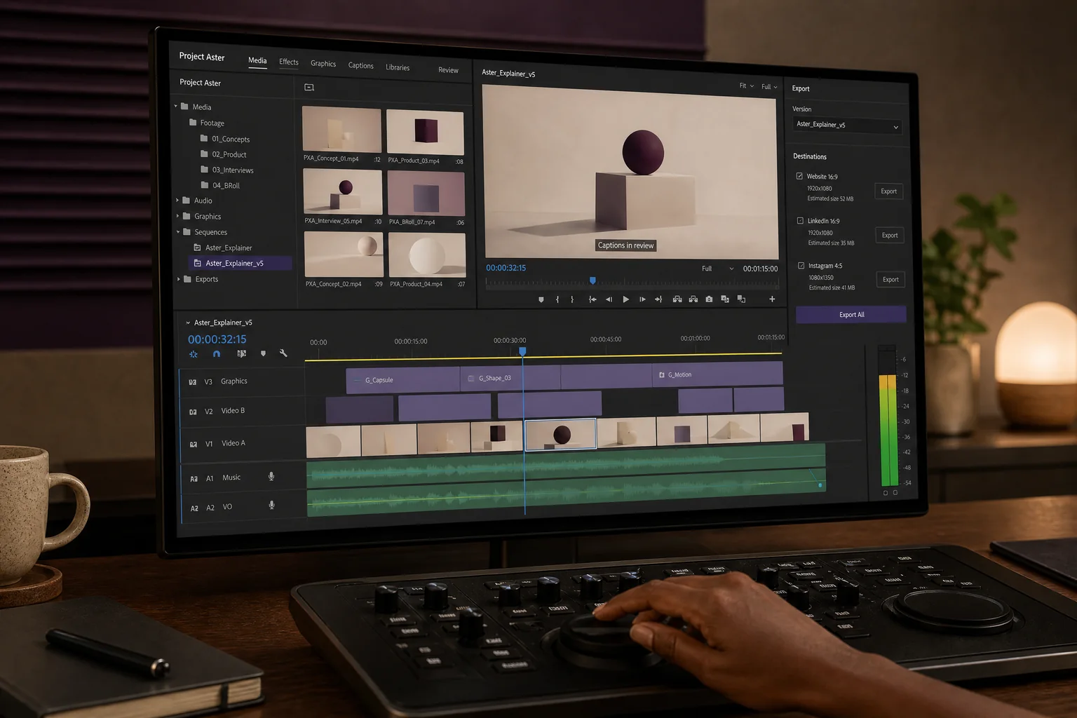A multimedia production timeline with organised versions and exports.