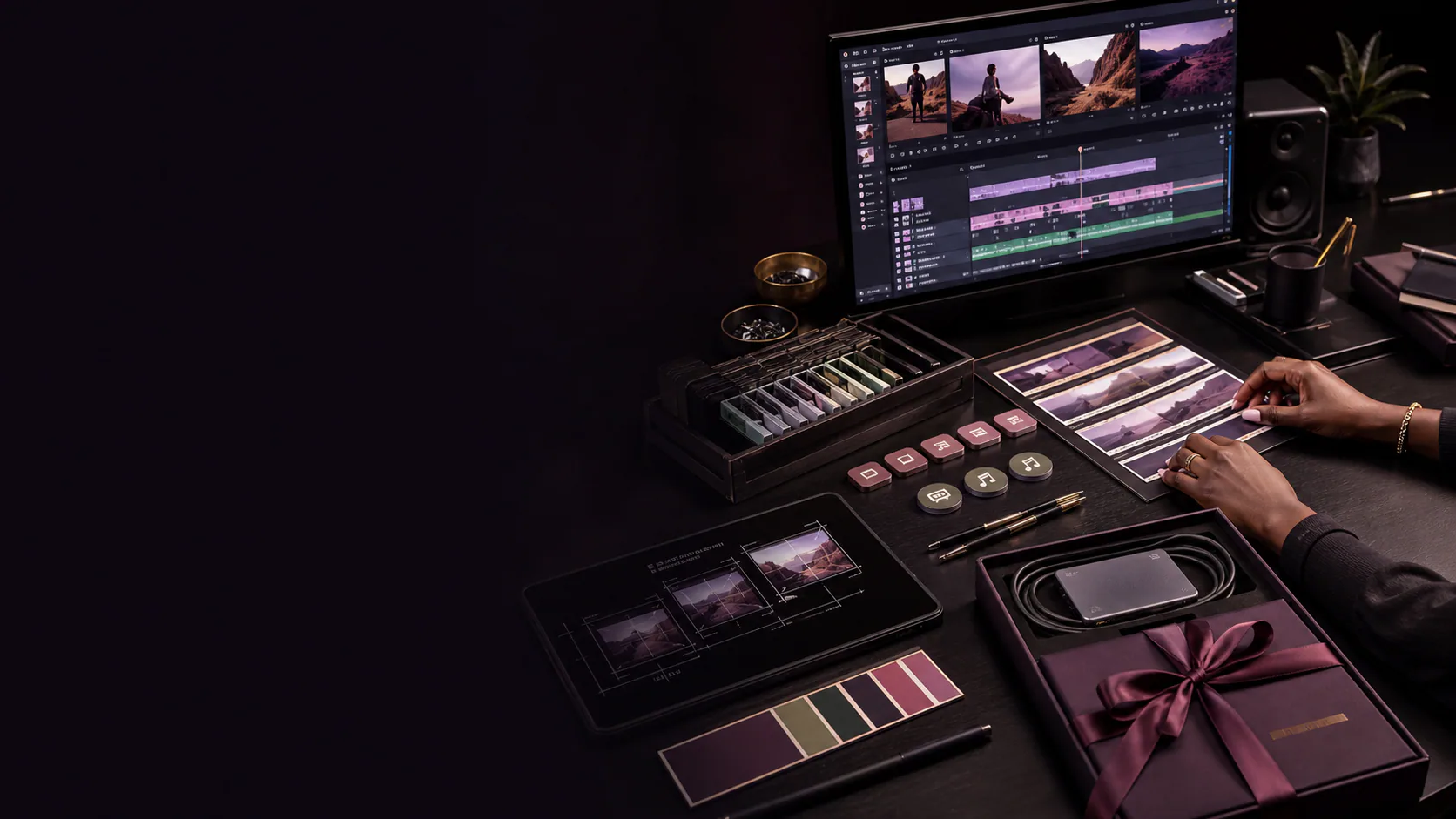 A multimedia workflow connects the brief, edit, review, captions, channel crops and handover.