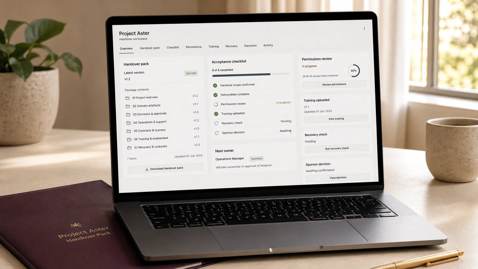 An organised handover pack shows versioned files, quality checks, ownership and acceptance status.