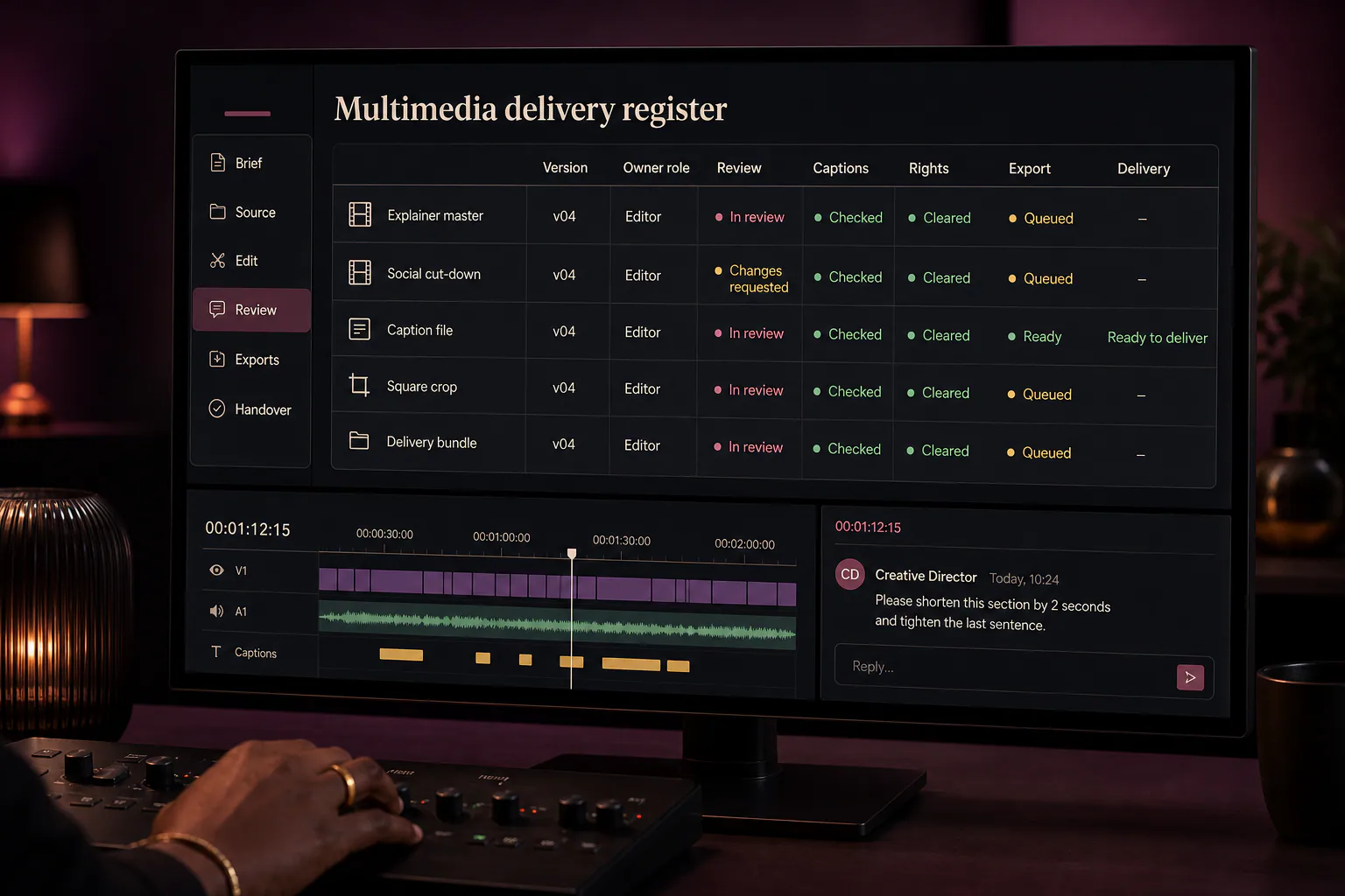 An asset register connects multimedia versions, review status and the final delivery bundle