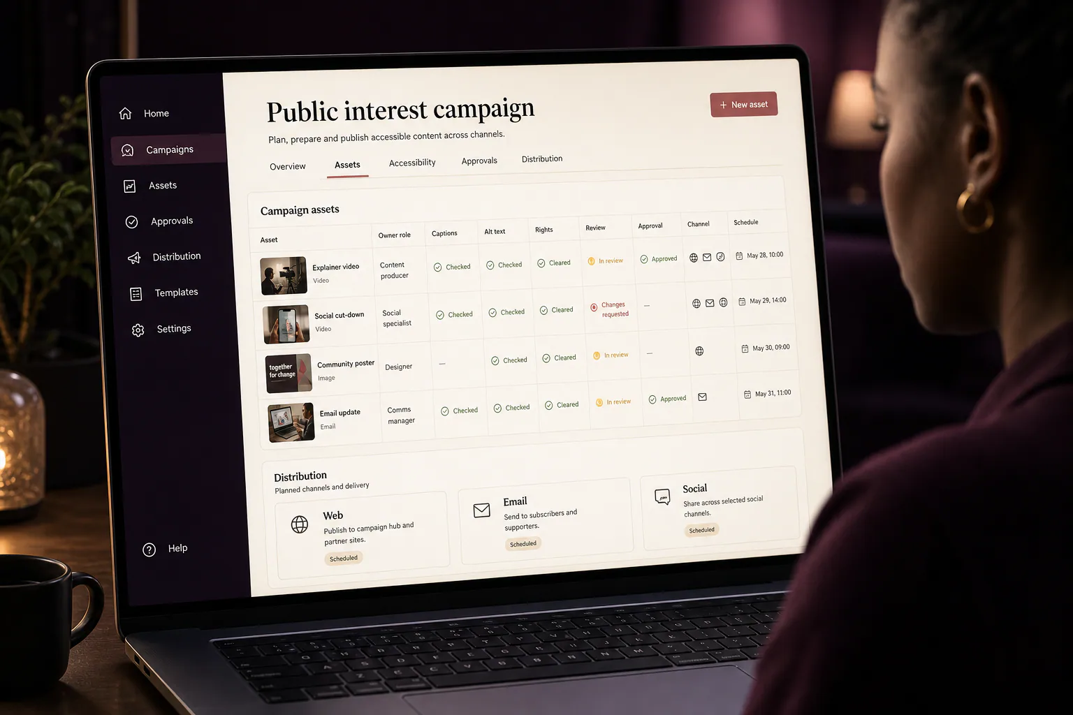 A public-interest content plan connects accessibility, approvals and responsible distribution