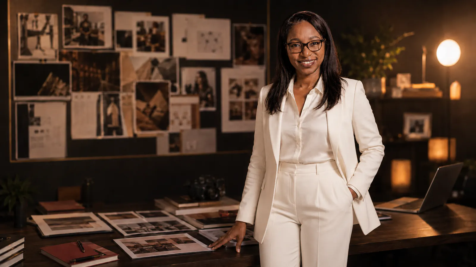 Bongiwe Selane standing in a white suit in a dark editorial creative workspace.