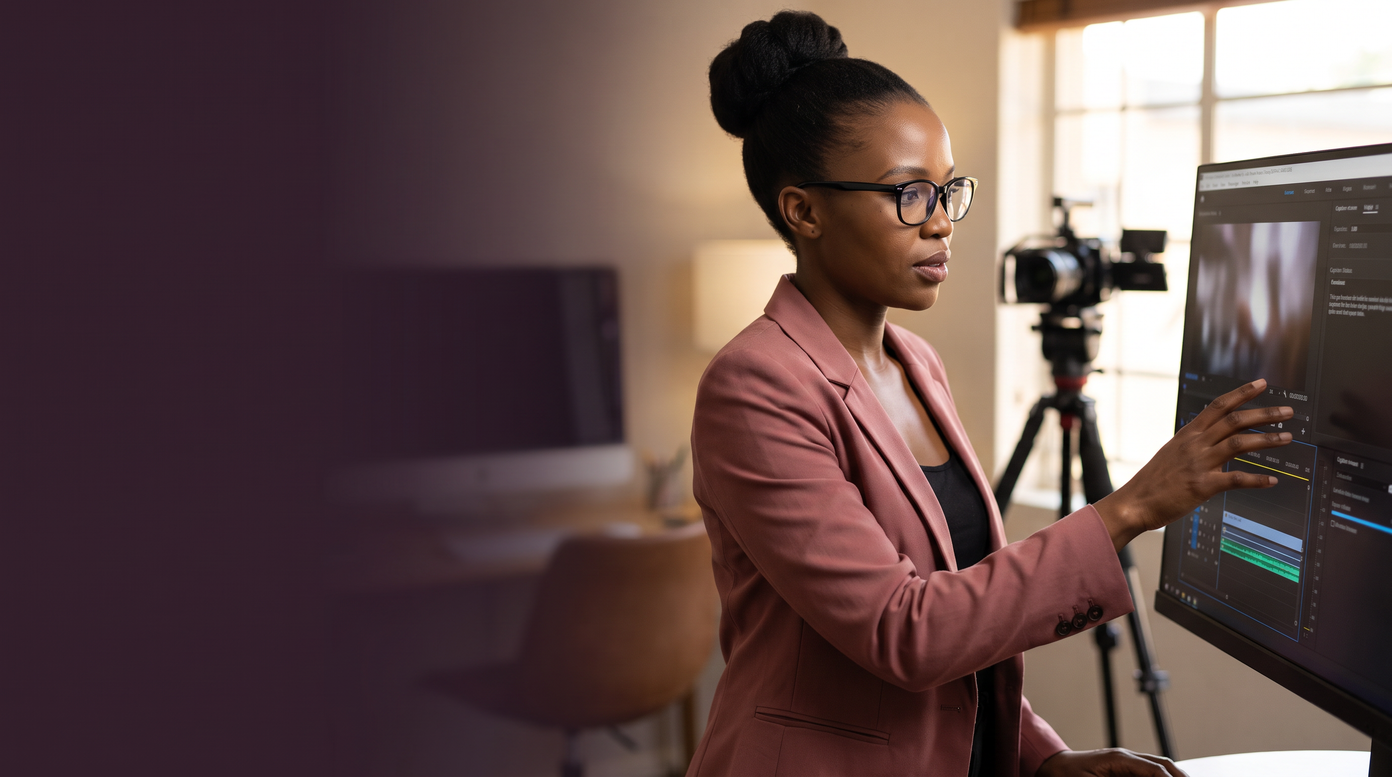 Bongiwe Selane reviewing an edit timeline and caption workflow in a multimedia production studio.