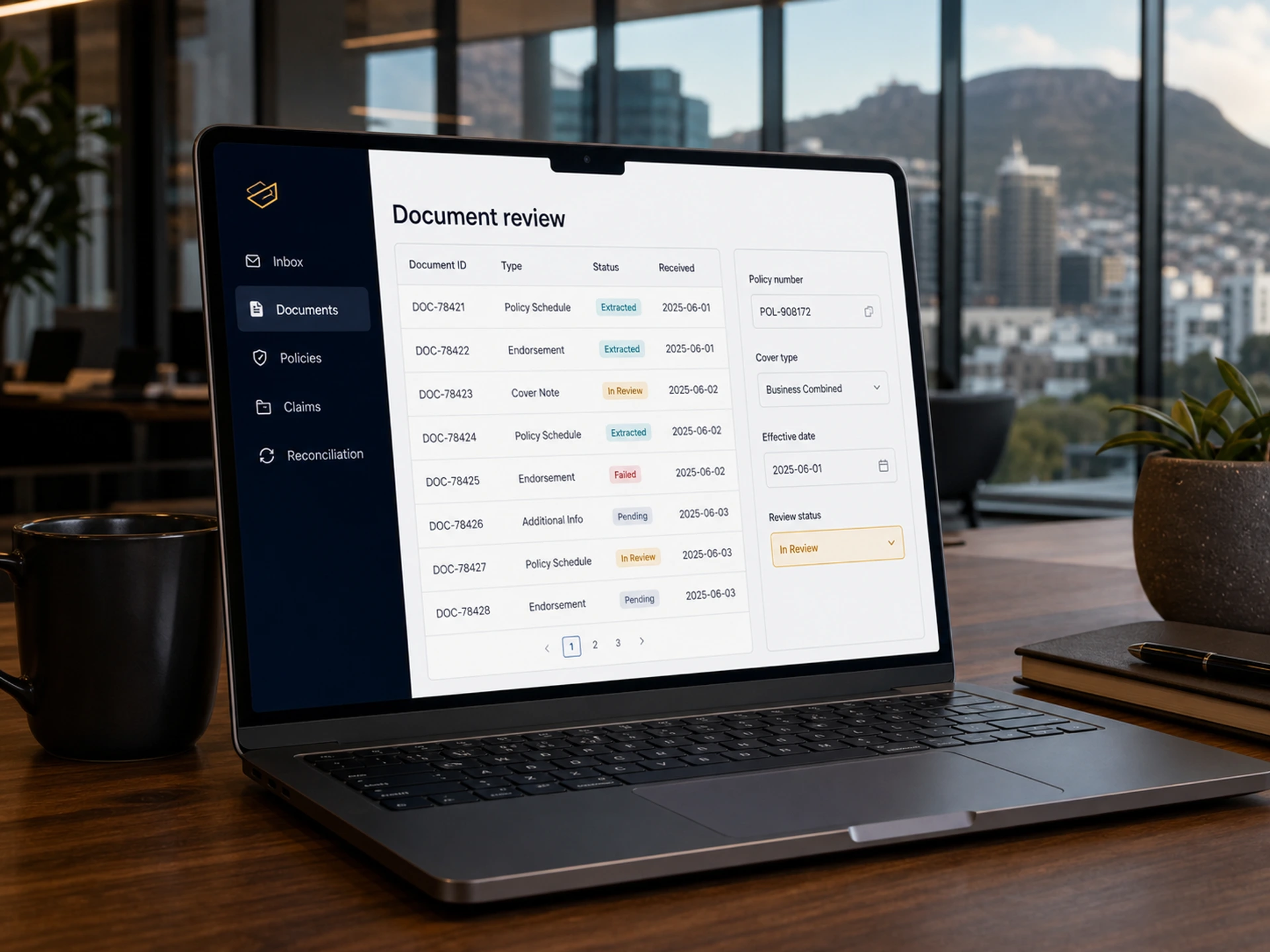 Generated insurance document-review concept associated with EarCodeX, not a real product screenshot