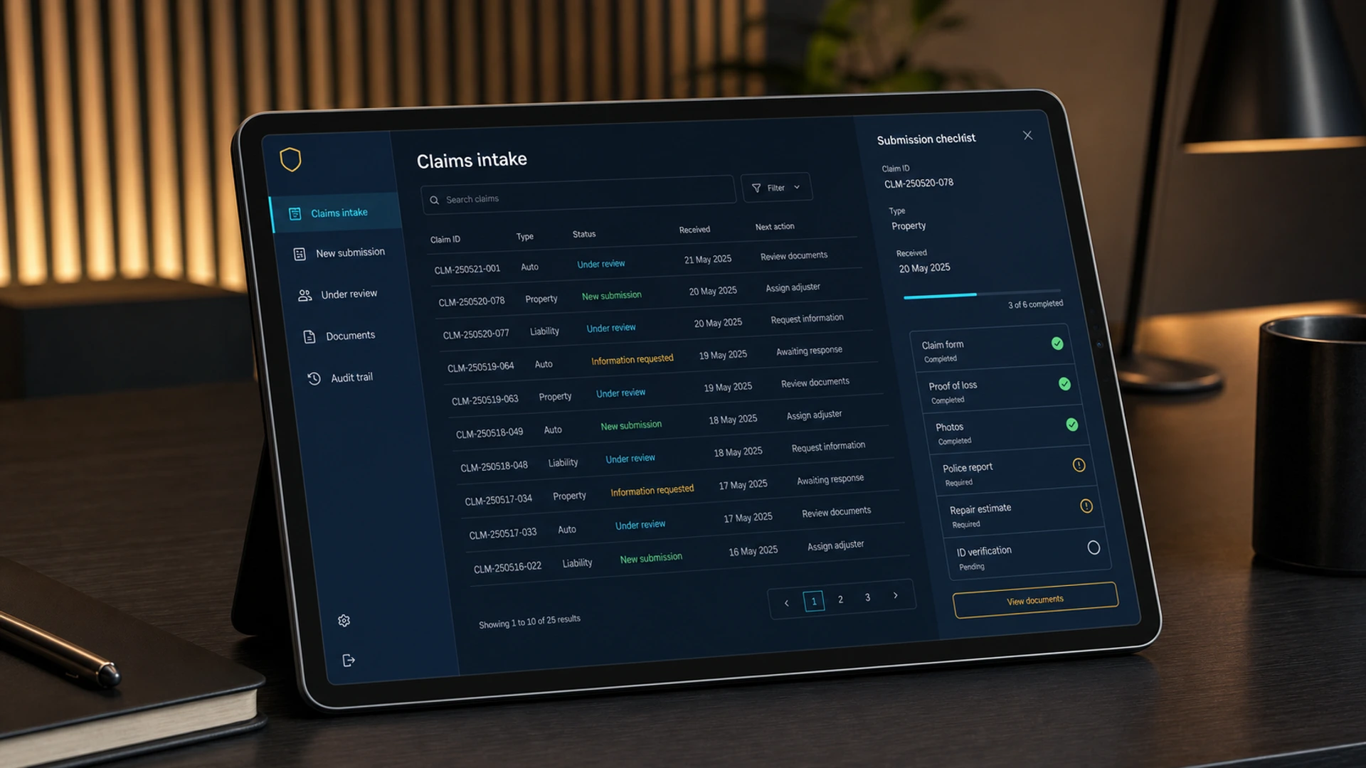 Generated insurance claims-intake concept associated with EarCodeX, not a real product screenshot