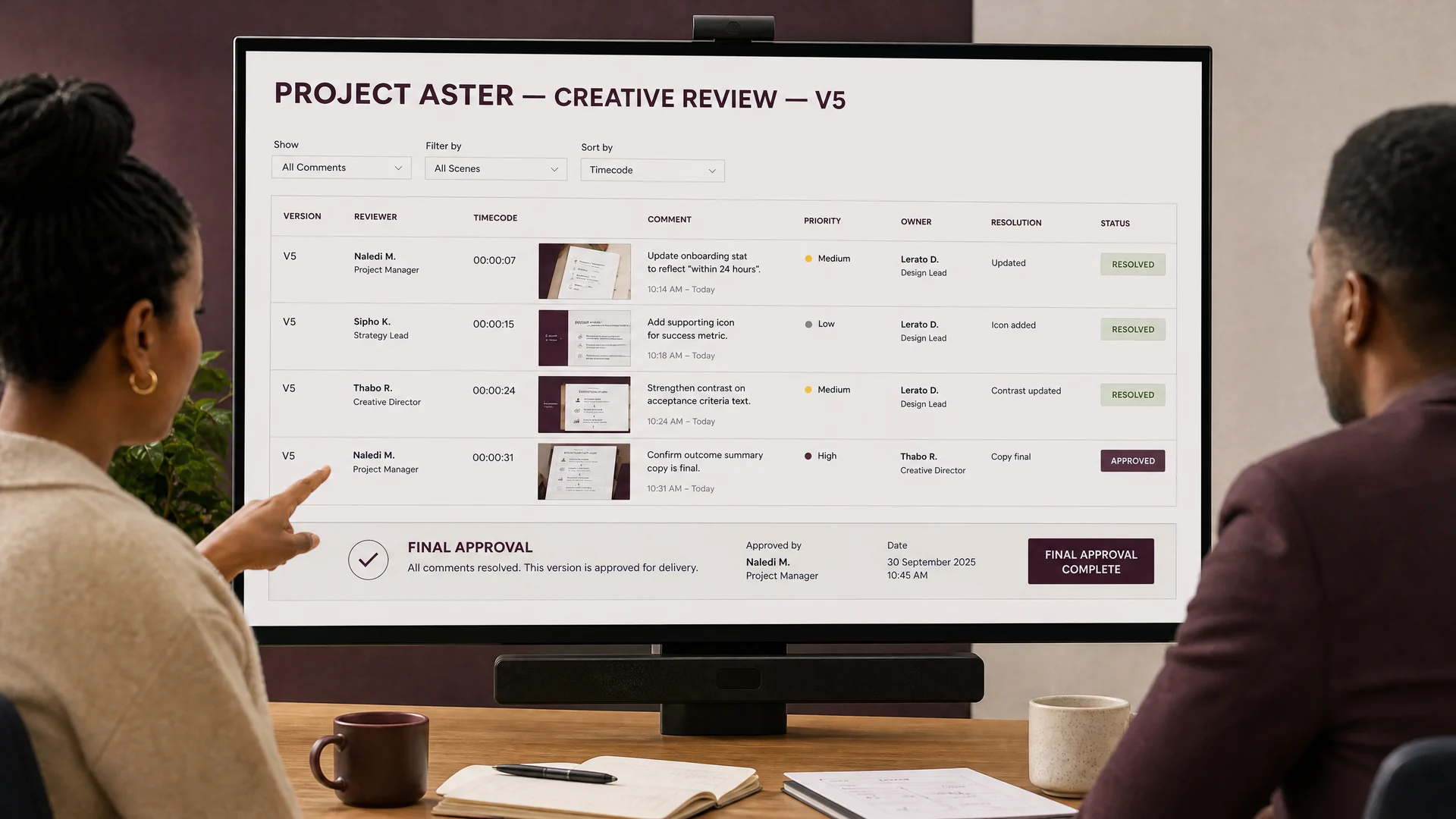 Creative review interface showing feedback, revisions and approval state.