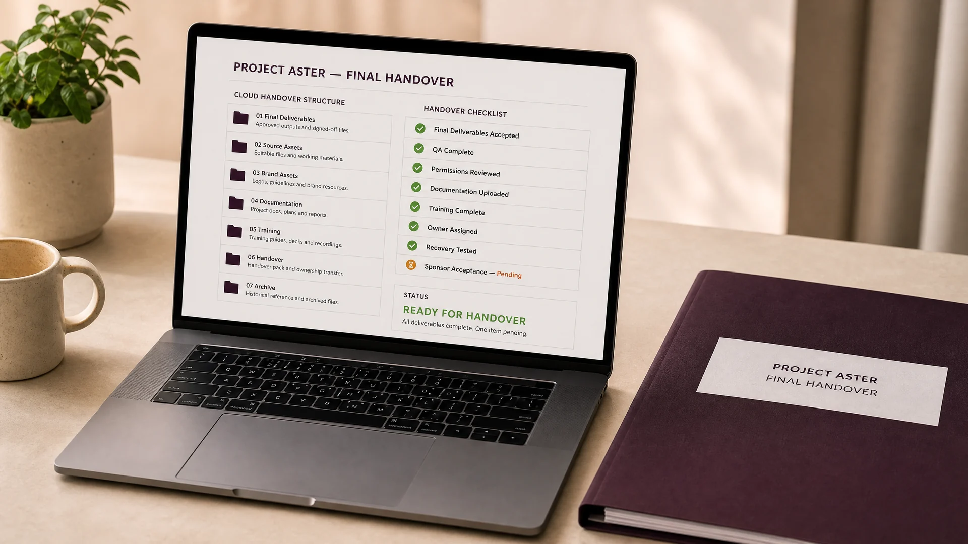 Final handover workspace showing deliverables, documentation, ownership and acceptance status.
